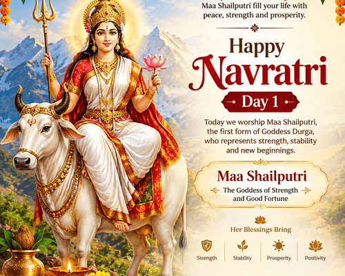 Maa Shailputri worship on the first day of Navratri, with a decorated Kalash, flowers, and traditional diyas.