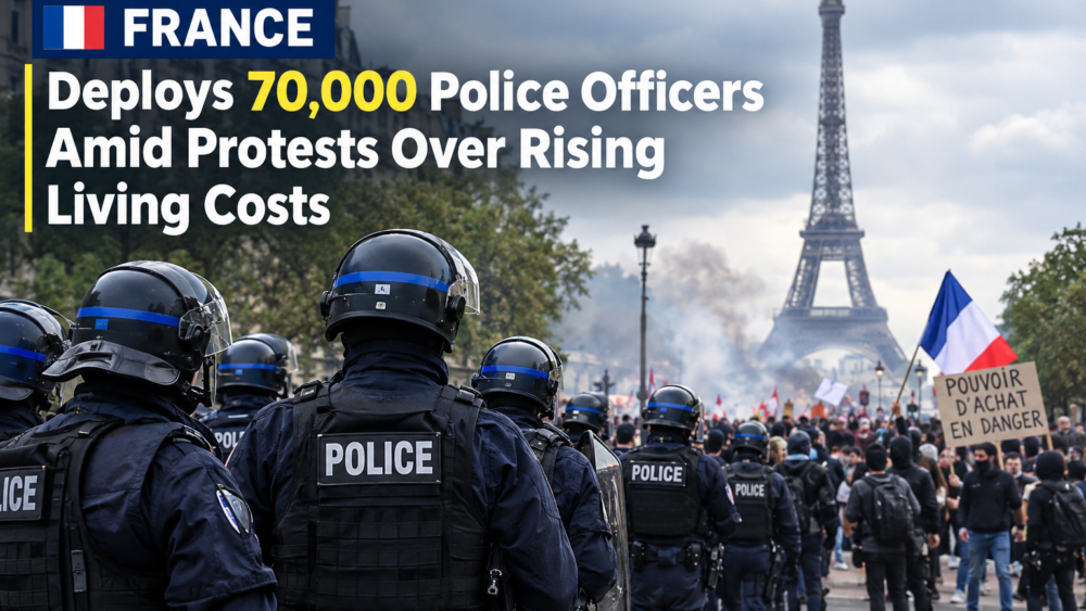 French police officers deployed in Paris amid protests over rising living costs, with demonstrators and French flags near the Eiffel Tower.