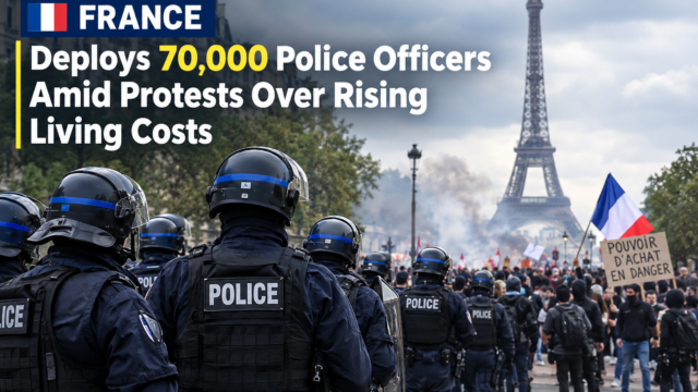 French police officers deployed in Paris amid protests over rising living costs, with demonstrators and French flags near the Eiffel Tower.