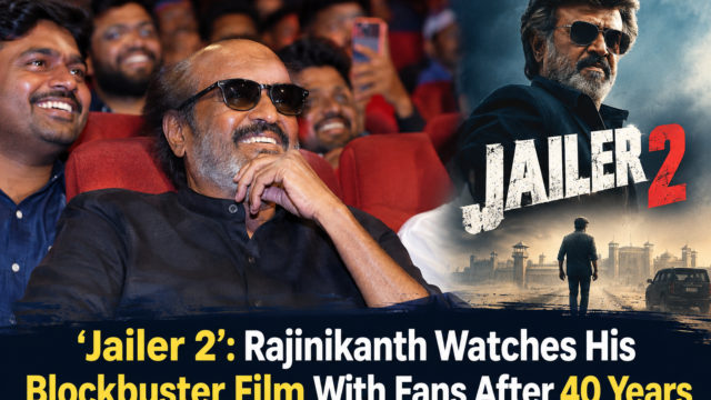Rajinikanth smiling while watching a film with fans in a cinema hall alongside a Jailer 2 action-themed poster.