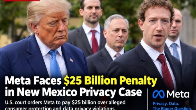 Donald Trump and Mark Zuckerberg in a news-style graphic about Meta's reported $25 billion penalty in a New Mexico privacy case.